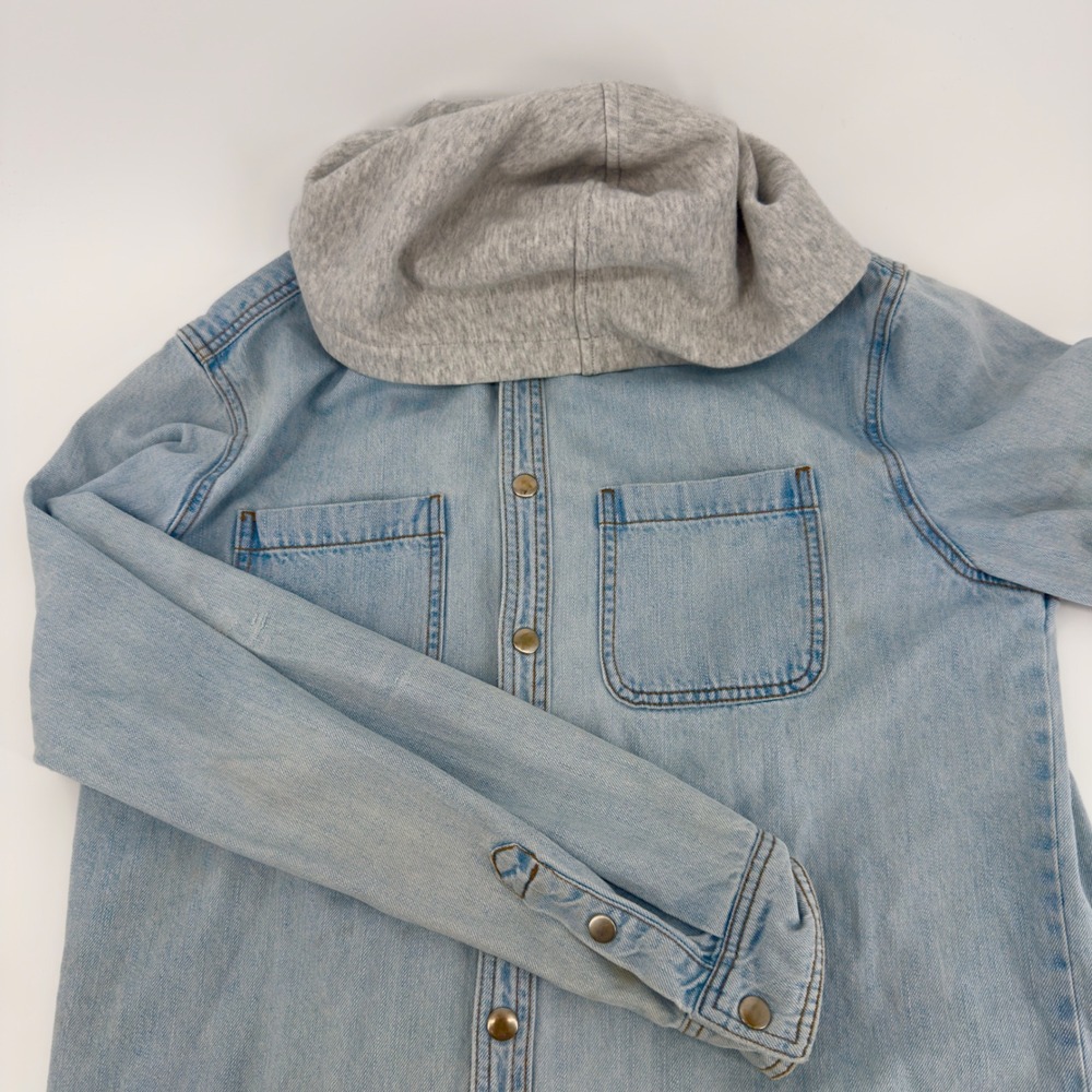 Forever 21 Men Light Wash Denim Hooded Shirt Jacket Blue Grey Size M